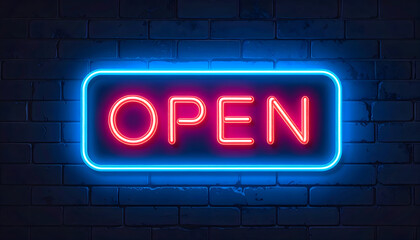 Obraz premium Neon open sign on brick wall