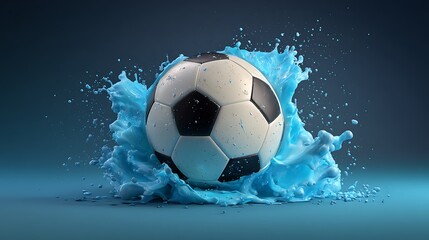 Naklejka premium A realistic soccer ball with a black and white pattern surrounded by an energetic neon blue splash. the ball and splash made with Ai 1
