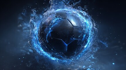 A sleek, futuristic soccer ball surrounded by a glowing, electric blue splash, set against a deep space-like background made with Ai 1
