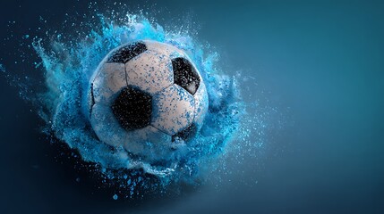 A realistic soccer ball with a black and white pattern surrounded by an energetic neon blue splash. the ball and splash made with Ai 2