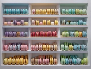 Colorful Macarons Displayed Artfully on White Shelves Assorted Pastel Hues French Delicacies Culinary Presentation Elegant Dessert Arrangement Sweet Confectionery Collection