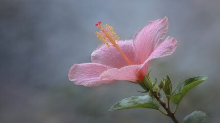Delicate pink hibiscus flower with buds and green leaves.