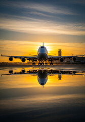 Obraz premium Perfect Reflection of Large Jet on Wet Tarmac at Golden Hour