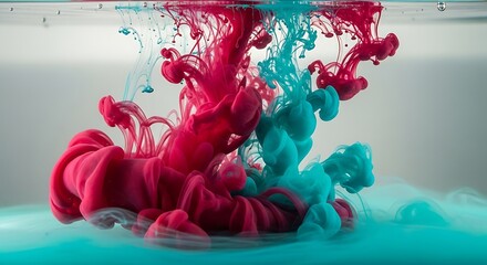 Vibrant pink and turquoise inks swirl and dissolve in clear water, creating abstract organic shapes.