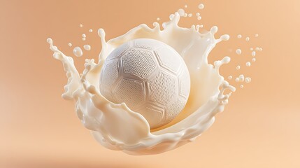 A soccer ball in mid-air with a creamy, white splash of milk surrounding it. The background is a soft peachy gradient made with Ai