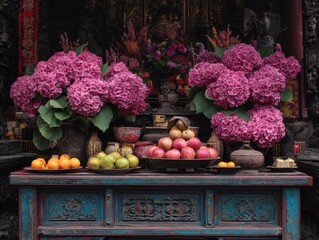 Striking Pink Hydrangeas and Diverse Fruit Arrangements on an Elaborately Carved Blue Altar, Showcasing Artistic Offerings in a Temple Setting