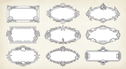 Hand Drawn Sea Shell and Coral Frame Set, Nautical Decorative Borders with Bows and Marine Elements
