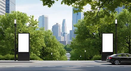 Mockup of outdoor advertising light boxes set among green foliage with high-rise buildings in the background