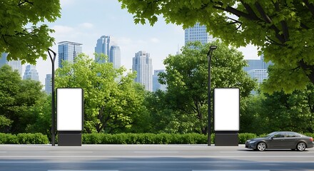 Mockup of outdoor advertising light boxes set among green foliage with high-rise buildings in the background
