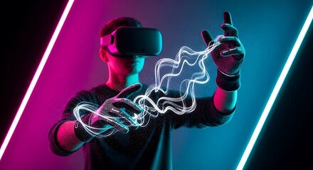 Man in VR headset interacts with futuristic digital interface in neon-lit room