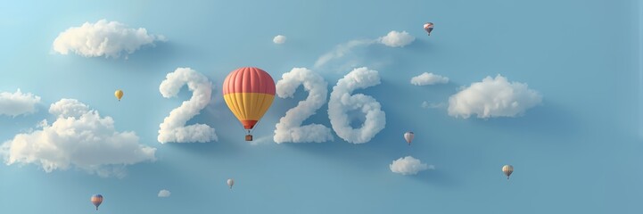Fototapeta premium New Year 2026 themed backgrounds and banners,Figures formed from clouds and hot air balloons