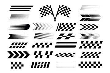 Racing Car Stripes Set – Checkered Flag, Finish Line Graphics, Dynamic Lines, and Motocross Labels for Motorsport and Automotive Designs
