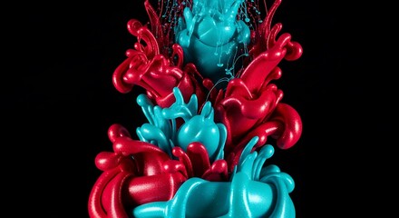 Dynamic explosion of vibrant red and turquoise liquid against a dark background