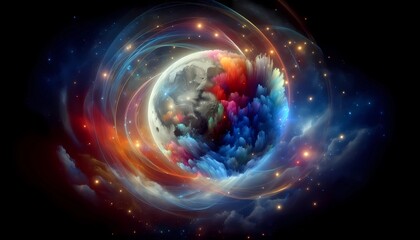 Fototapeta premium Surreal Moon Surrounded by Vibrant Cosmic Clouds and Glowing Nebulae