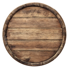 Fototapeta premium Close up view of the weathered wooden end of an old barrel with metal hoops isolated on transparent background