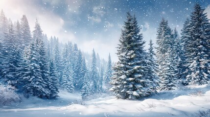 Winter Forest Landscape With Snowfall And Evergreen Trees Under Cloudy Sky