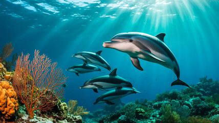 Fototapeta premium A vibrant underwater photograph of dolphins swimming over a coral ree
