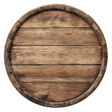 Close up view of the weathered wooden end of an old barrel with metal hoops isolated on transparent background