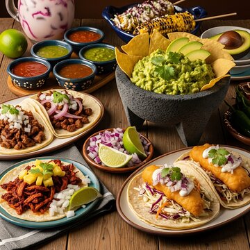 Authentic Mexican Feast with Tacos, Guacamole, and Various Salsas on a Wooden Table.