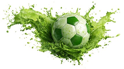 A soccer ball surrounded by an intense green liquid splash, set against a clean white background made with Ai 1
