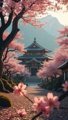 Serene Asian temple surrounded by blooming cherry blossoms