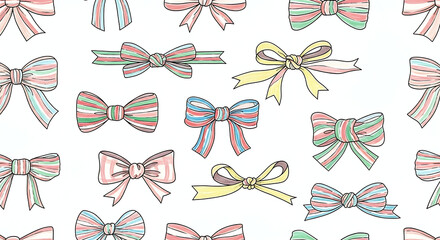 Hand Drawn Pastel Gift Bows and Ribbons Seamless Pattern, Cute Present Wrapping Illustration