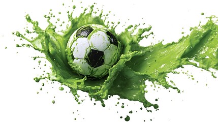 A soccer ball surrounded by an intense green liquid splash, set against a clean white background made with Ai 2