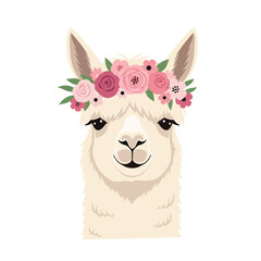 Charming llama with floral crown, adorable animal portrait.