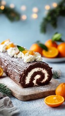 Decadent Chocolate Log Cake Decorated With Cream and Oranges During Festive Season