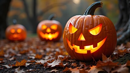 Capture the spooky spirit of Halloween with these glowing jack-o'-lanterns nestled among autumn leaves, perfect for seasonal promotions and festive designs that evoke autumnal joy