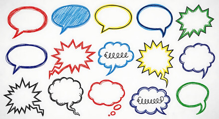Hand Drawn Colorful Speech Bubble Set, Doodle Comic Chat Balloons Collection
