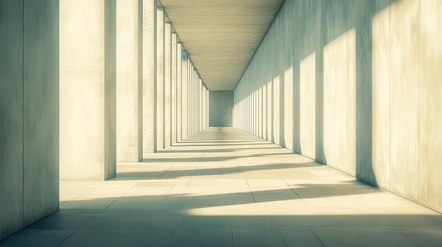 Sunlight filters through concrete columns in a smooth corridor showcasing modern architectural design and shadows at midday