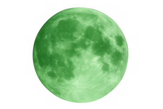 Green full moon glowing in dark space, showcasing lunar surface details, astronomy and science fiction concept