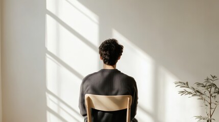 Young man sitting in minimalist room, contemplating by window