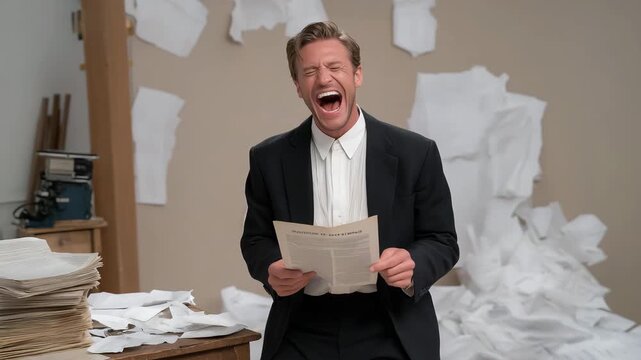 An actor performs a comedic scene in a casting studio, with props scattered, a script open, a casting director chuckling, and a camera rolling, shown in a lively photo with prop details, paper