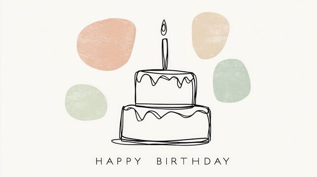 Hand drawn birthday cake with a single lit candle and abstract pastel shapes on a light background