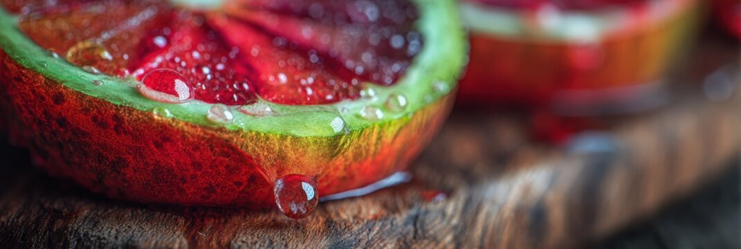 Bright slices of blood orange display vibrant red and green hues with glistening droplets, resting on a rustic wooden board under soft sunlight - Powered by Adobe