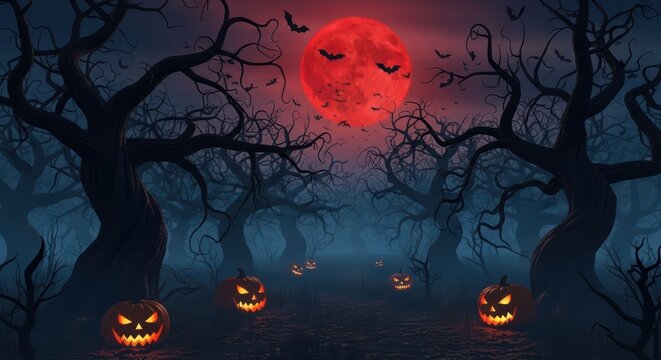 Spooky Halloween Night with Jackolanterns Beneath a Blood Moon in a Haunted Forest - Powered by Adobe