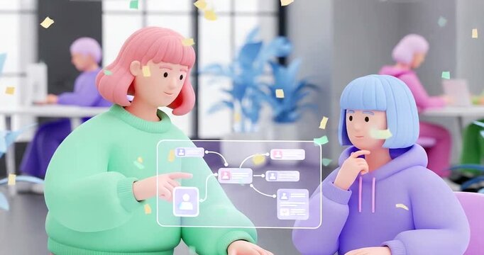 Two cartoon characters discussing a flowchart on a screen
