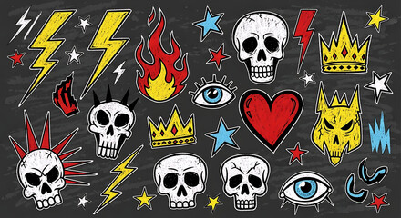 Colorful Punk Tattoo Doodle Set, Hand Drawn Rock and Skull Illustration on Dark Background