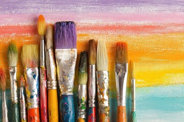 Obraz premium Close Up Group of Paintbrushes on Abstract Colorful Background with Horizontal Brushstrokes