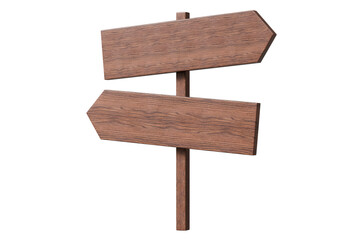 3d wooden signpost with blank arrows icon. direction navigation concept. Minimal cartoon road sign signpost wayfinding for map UI banner. isolated on white background. 3d render.