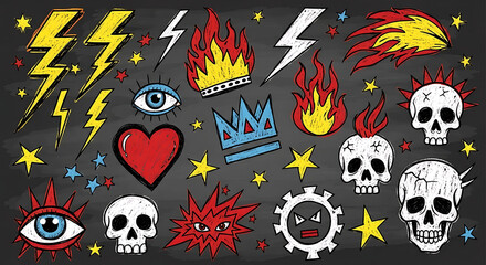 Colorful Punk Tattoo Doodle Set, Hand Drawn Rock and Skull Illustration on Dark Background