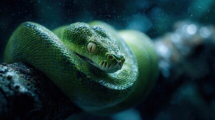 Fototapeta premium Emerald green serpent coiled on branch, alert gaze, soft lighting, dark background