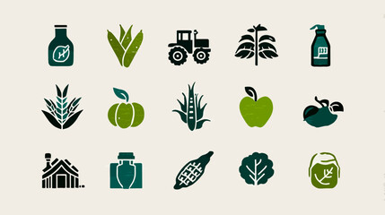 Agriculture and Farming Icons Set Representing Various Farm Elements.