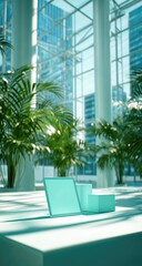 Fototapeta premium Modern office interior with tablet and plants creates a bright workspace.