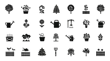 Collection of Garden and Plant Icons in Silhouette Style.