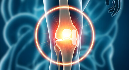Obraz premium Human Knee Joint with Glowing Pain or Injury Indication - 3D Medical Illustration of Orthopedic Problem or Treatment