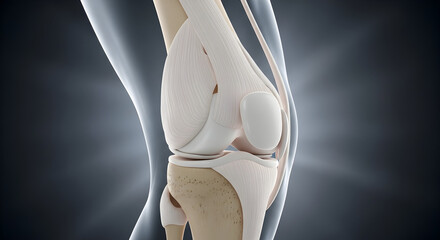 Human Knee Joint Anatomy: Detailed 3D Render of Bones, Ligaments, and Patella on Dark Background