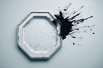 Octagonal plate with black liquid spill on a gray surface.